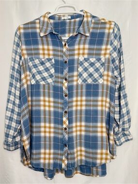 Maurices Blue and Tan Plaid Button-Down Shirt